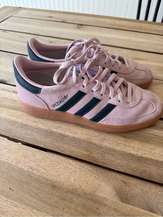 adidas Shoes - adidas Pink Suede Sneakers with Dark Green Stripes